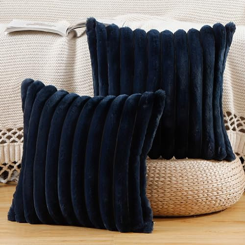 Madizz 2er Set Kunstpelz Plüsch Dekorative Kissenbezüge Flauschig Gestreifte Weich Dekorative Kissenbezug für Sofa Schlafzimmer Kissen Shell Dunkelblau 50 x 50 cm
