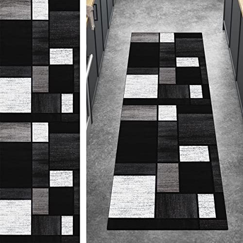 Ymural Teppichmatten Teppich Läufer Flur Lang Patchwork 100x450CM Schwarz Grau Kücheläufer rutschfest Meterware Teppichläufer Waschbar Kurzflor Polyester Korridor, Breite 40-120cm