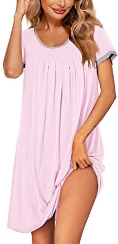 Ekouaer Femme Chemise de Nuit Grande Taille Sensuelle Robe de Nuit Manches Courtes Casual Vêtements de Nuit Col Rond, Rose, S
