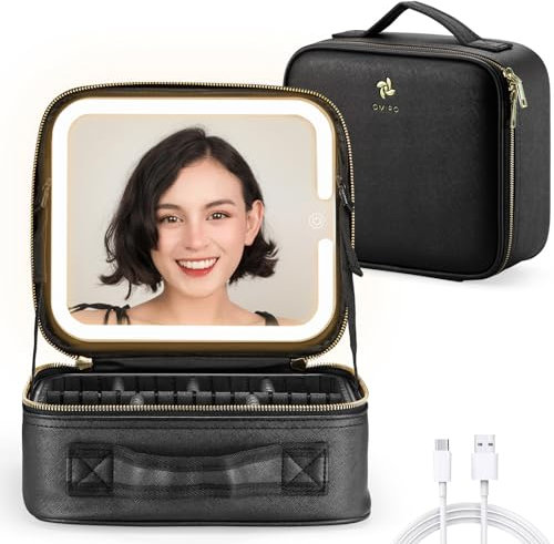OMIRO Travel Makeup Bag with Large Light Up Mirror, Cosmetic Organiser Train Case with Adjustable Compartment, Gift for Women (Small)