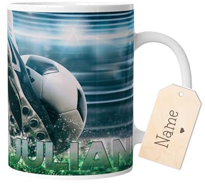 timalo® Tasse Motiv Fußball mit Namen bedrucken lassen | Individuelle Kindertasse mit Fußballspieler und Wunschname für Kinder Jungen | mug-child-10