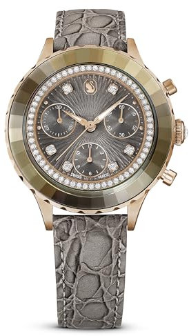 Swarovski Montre Octea Chrono, Fabriqué en Suisse, Bracelet en cuir, Gris, Finition or rose