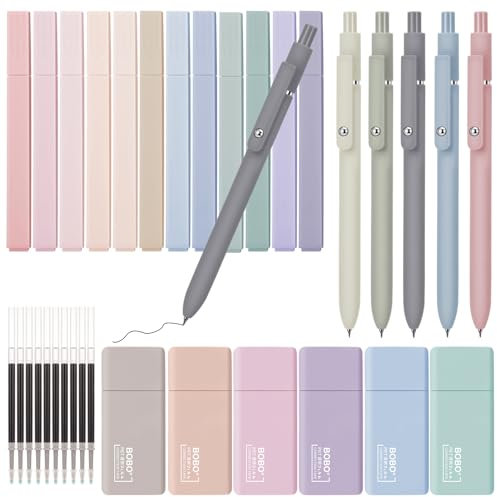 Partideal 33 Stück Textmarker Pastell Set,12 Stück Aesthetic Marker Stifte 5 Stück 0,5 mm Gelstifte mit 10 Ersatzminen Enthalten und 6 Korrekturbänder für Journal Bibel Schule Büro