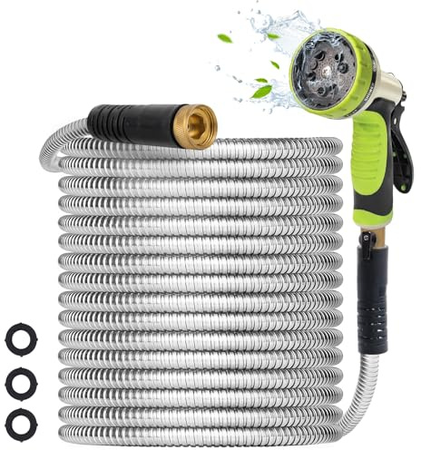 Higen Metal Garden Hose 100FT - Heavy Duty Stainless Steel Metal Water Hose with 10 Function Nozzle, Lightweight, No Kink, Durable and Leak Proof Flexible Garden Hose for Yard, Outdoor