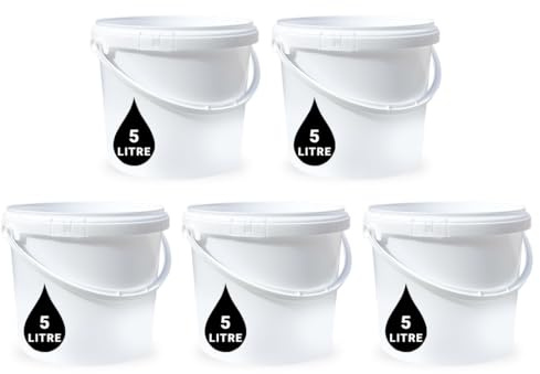 5 x 5L Plastic Bucket Pail + Handle & Lid - Heavy Duty ¦ Food Grade BPA Free ¦ Multi-use Fermentation Feed Dry Food Liquid Chemicals Hydroponics Storage Container WHITE