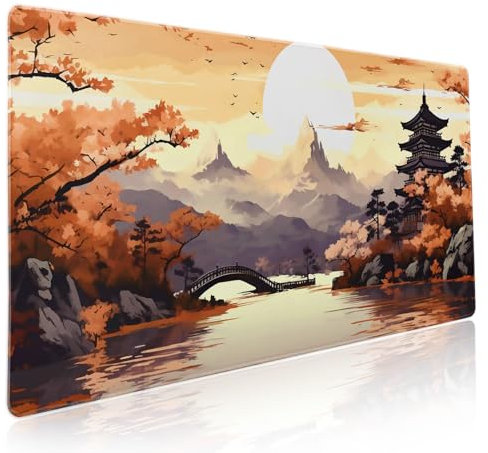 Orange Japanese Sakura Gaming Mouse Pad XXL Yellow Cherry Blossom Mountain Aesthetic Large Desk Mat Big Mousepad Non-Slip Rubber Base Stitched Edge Long Mousepad for Desktop Office, 35.4 x 15.7 in