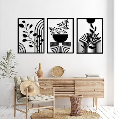 Pduoduo 3 paneles abstractos de metal bohemio para decoración de pared moderna geométrica de metal, decoración de pared de jardín negro para el hogar, dormitorio, sala de estar (22 x 16.5 pulgadas)