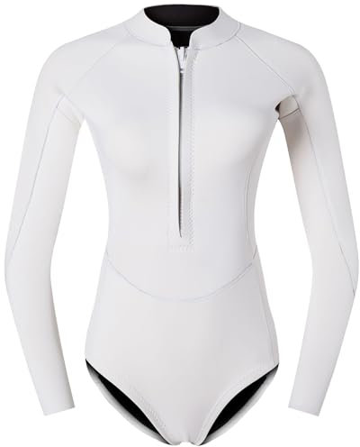 HSKJTT 2mm Neoprene Wetsuit, One Piece Diving Suit Women's Long Sleeved Swimwear with Front Zip Triangle Swimsuit Uv UPF 50+ Ladies Bodysuits,XL, White