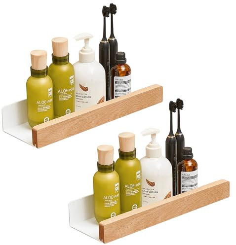 Xafrstyu Duschablage Ohne Bohren, Wandregal Holz 2er Set, Schwimmende Regale Wand Aufbewahrungs Regal Hängeregal Ideal, für Badezimmer Küche Wohnzimmer Büro Schlafzimmer (Hellbraun)