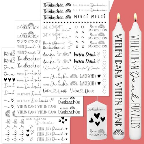 Aoiuenok Kerzentattoos Dankeschön,3 Stück DIN A4 Danke Kerzentattoo,Tattoofolie,Kerzenfolie Dankeschön,Kerzensticker, Wasserschiebefolie, Sprüche zum Verschenken,Danke - für Kerzen/Keramik (Danke)