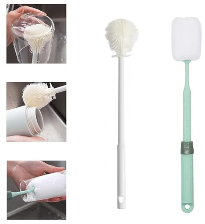 Flaschenbürste 2 STK.Ellenbogen Langgriff Schwamm Hängbar farbig Set | praktisch, biegsamer Winkelkopf, für Gläser, Karaffen, Kannen&Becher, ohne tote Ecken, hängbar, langlebig, spülmaschinenfest