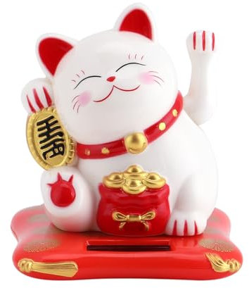 Jwthee Winkende Glückskatze Mit Arm, Kleine Solarbetriebene Winkekatze, Chinesische Glückskatze Mit Winkearm, Glückskatzenstatue, Winkekatze Mittelfinger Solar Für Zuhause, Autodekoration (Weiß)