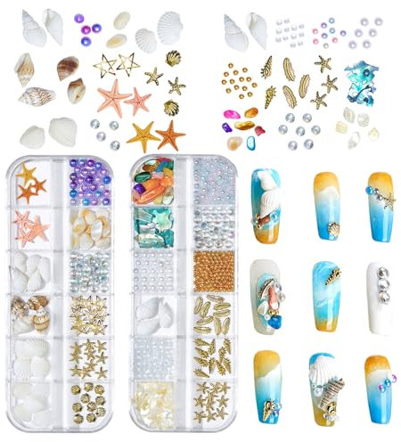 Ocean Themed Nail Charms, 2 Boxes Gold Nail Studs Shell Starfish Conch Sea Nail Charms Nail Rhinestones Pearls Irregular Abalone Shell Slices Summer 3D Nail Art Decorations Accessories