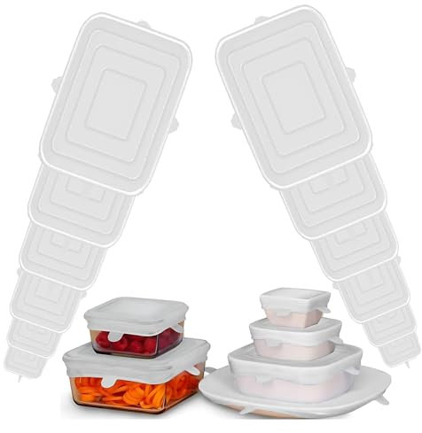 12 Pack Silicone Lids Food Covers, Silicone Stretch Lids, 6 Different Sizes, Reusable Food Storage Covers for Bowls, Expandable Food Storage Covers, Dishwasher and Freezer (Square, White)