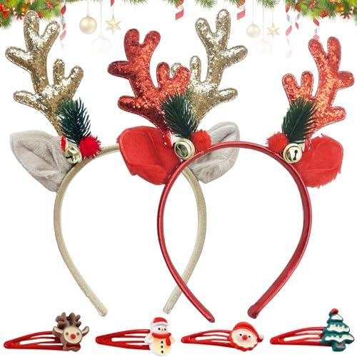 Booaee Weihnachts-Stirnbänder,6 Stück Weihnachten Geweih Haarreif, Glitzer Weihnachten Haarreifen Rentier Haarspangen Weihnachtsbaum Kopfschmuck Weihnachts Kopfbedeckung Damen Weihnachten Haarschmuck