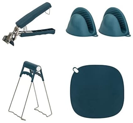 4-Piece Air Fryer Tongs Lifting Grips Anti-Scald Clip Kitchen Flip Flop Pliers Stainless Steel Dish Clamp Silicone Hot Plate Clamp Hot Plate Holder Cooking Kitchen Tool Clamps (Lake Blue)