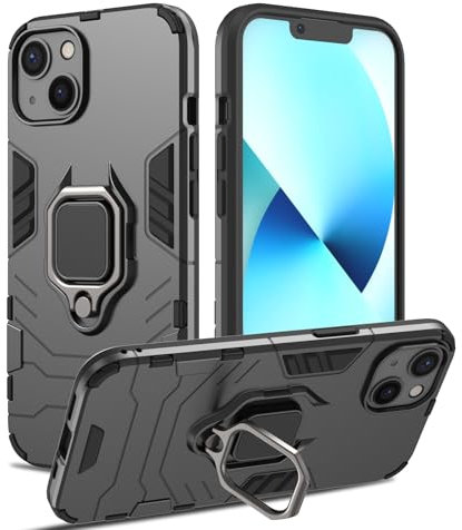 RIIMUHIR Hülle für iPhone 13, Panzerhülle mit 360° Metall Ring Ständer, Kratzfestes Stoßfest Hart Handyhülle, Armor Hülle mit Kameraschutz (Schwarz)