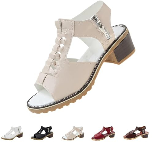 Funfany - Sandali ortotici da donna, aperti sul davanti, con cerniera, comodi, con tacco basso, estivi, da spiaggia, bohémien, alla moda, Beige, 40 EU