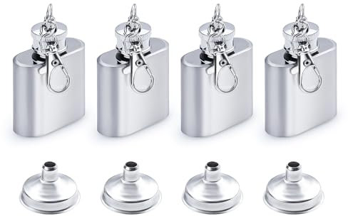 LELE LIFE 4 Pack 1oz Mini Flask Keychain, Leakproof Pocket Stainless Steel Small Hidden Hip Tampon Flask for Women Men, Liquor Alcohol Whiskey Wine Bottle with 4 Funnels, 1oz