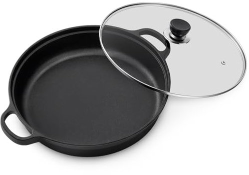 Warmiehomy Cast Iron Griddle Pan with Glass Lid,30cm Non-Stick Grill Pan,Round BBQ Skillet with 2 Handles for Gas Induction Hob,Flat Surface