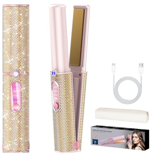 Feitenn Cordless Hair Straightener, 2 in 1 Portable Straightener Hair Straightening, Dual Voltage Flat Iron, Fast Heat, Wireless Hair Curler 5000mAh Rechargable for Travel, Gift for Women（Gold）