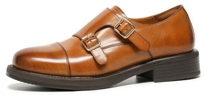 BEAU TODAY Monk Strap Loafers, Womens Leather Loafers, Cap Toe Slip-Ons Waxed Calfskin Loafer Flats for Business Casual Dress Women Shoes, Brown Cap Toe, 3 UK
