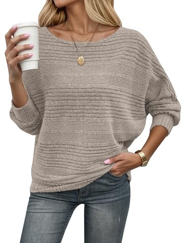 WNEEDU Pull Femme Chic et Elegant Fin Automne Hiver Manches Chauve Souris | Léger sweater, tricoté top, pullover col bateau, à épaules nues, haut chaud, manches longues