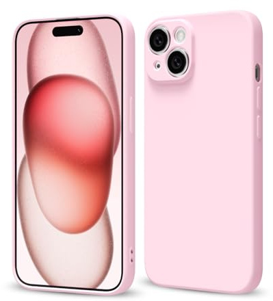 Svaove for iPhone 15 Phone Case Liquid Silicone, Thin Ultra Slim Minimalist Phone Cover, Girly Cute Plain Bright Solid Color Matte Soft Rubber Jelly Gel Plastic TPU Bumper, Light Pink