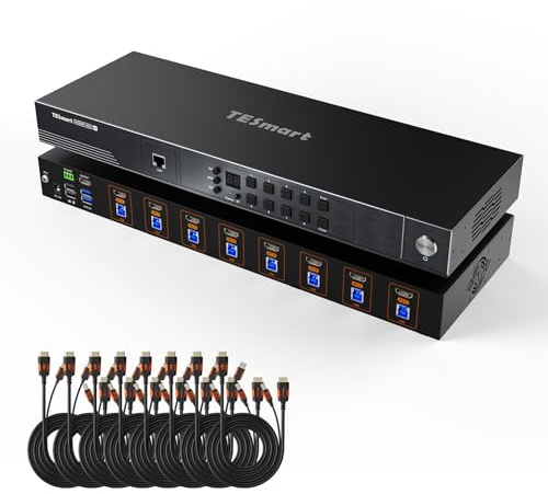 TESmart 8 HDMI 2.1 Puertos Conmutador KVM 8K@60 Hz, 4K@240 Hz (DSC) para 8 PC y 1 Monitor,Teclado, Mouse,EDID,LAN,IR, con 2 USB 3.0,Switch Hotkey, Auto Scan&Detect，8 Cavo USB+HDMI