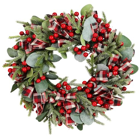 CEWUDA Kranze Grüne Blätter Weihnachtskranz Haustür Beeren Türkranz Weihnachten 40cm Künstliche Girlande Weihnachten Weihnachtsgirlande für Haustür Kamin Wanddekoration Fenster Haus Garten