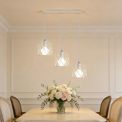 SENQIU 3 Luces Lámpara Colgante Vintage, E27 Lámparas de Techo Colgantes | de Hierro Blanco, Iluminación Colgante Retro Diseño de Jaula para Cocina Comedor Dormitorio Pasillo Porche