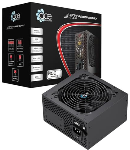 ACE 650W PSU, ATX Power Supply 120mm Quiet Fan, PSU 650W Flat Black Cables | Black 650 watt computer power supply with 37A on the 12V rail, six SATA leads and a quiet 120mm fan rated under 17 dBA