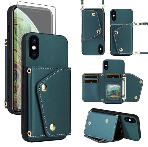 ELISORLI Wallet Case for iPhone Xs Max with Screen Protector Slim Flip Purse Shoulder Strap, Card Holder Stand Phone Cover for i X XR Xsmax 10x SX Xmax 10xs 10s 10 Plus Xmaxs Women Men Green
