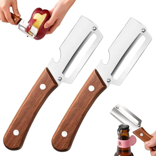 LTFIOON Set 2 Pelapatate Cucina Professionale Multifunzione 2 in 1, Pelapatate Multifunzionale per Cucina in Acciaio Inox, Manico in Legno e Apribottiglie, Steel Peeler per Patate, Frutta e Verdura