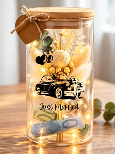 Geldgeschenke Hochzeit Verpackung, Hochzeitsgeschenke | Hochzeitsauto Glasflasche mit LED Lichterkette & Trockenblumen, Personalisiert Hochzeitsgeschenke für Brautpaar