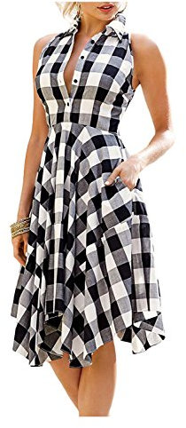 Issza Damen Ärmellos Kariert Plaid Button Midi Shirt Kleid Ohne Arm Schwingen Kleid Sommerkleid Partykleid Schwarz Weiß M