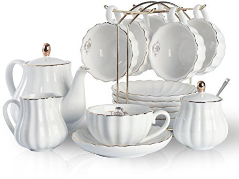 Pukka Home Porcelain Tea Set, British Royal Series - 8 OZ Cups & Saucer Service for 6, with Teapot, Sugar Bowl, Cream Pitcher, Teaspoons and Tea Strainer, Pure White