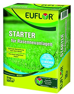 EUFLOR Starter für Rasenneuanlagen 3 kg Faltschachtel•Spezial-Rasendünger 12+22+10 mit 2% Eisen und 7% Schwefel•Optimierte Düngerformulierung für Rasenneuanlagen und Rollrasen•Streuwagenfähig•ca.100m²