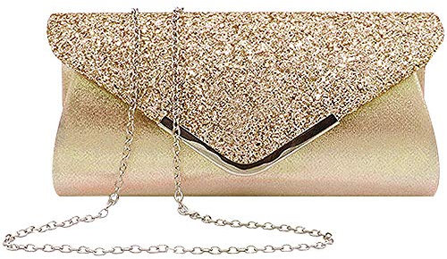 MEGAUK Damen Clutch Glitzer Elegant Abendtasche Glänzend Handtasche Envelope Tasche Strass Unterarmtasche mit Kette für Hochzeit Wedding Prom Party (Bling Gold)