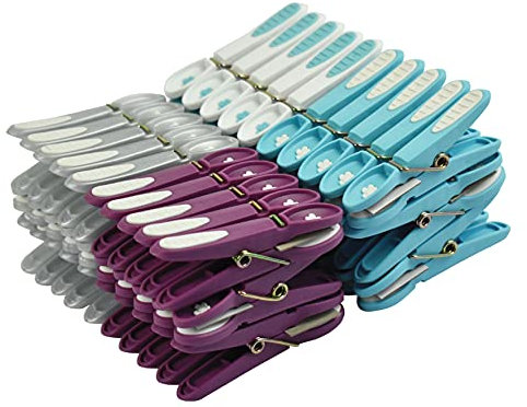 LAGUELLE - 60 Pinzas para Ropa Antideslizantes - Fabricación Francesa - Surtidas en Gris, Blanco, Azul, Violeta