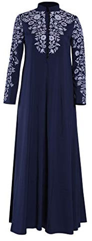 Lazzboy Muslim Maxi Kleid Trompete ärmel Abaya Lange Robe Kleider Tunika Gürtel Frauen Moslems Lose Einfarbig Kleidung Araber Kaftan Dubai(Blau,M)