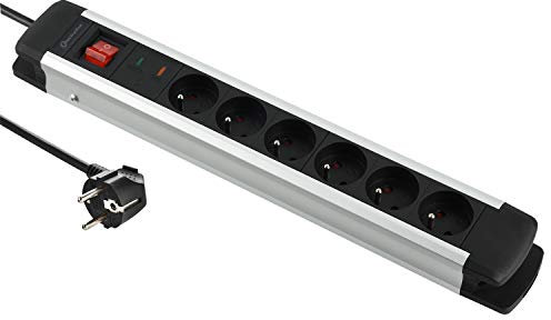 Electraline 35436 Alu-Line Bloc Multiprise 6 Prises avec Corps en Aluminium et Protection Contre Les surtensions, 2M, Noir