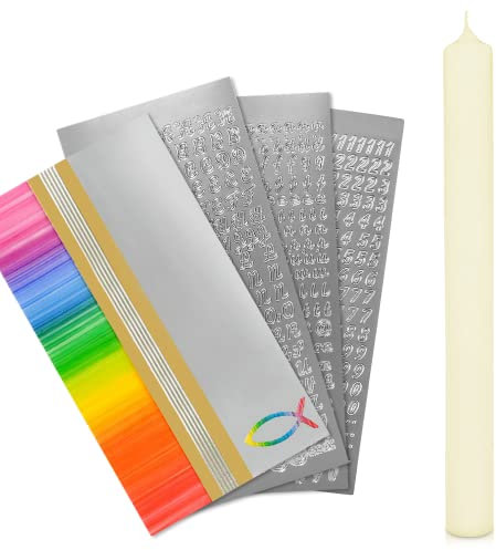 WIKAKERZEN Kerzen-Rohling Set für Taufe Hochzeit Kommunion selbst gestalten mit Buchstaben zum Kleben Wachsmotiven Wachplatten Wachsstreifen (Regenbogen Gold | Silber mit Fisch Kerze 40x4cm | Creme)