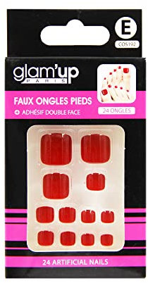 Glam’Up Paris - Faux Ongles Pieds - Pleine Couverture - Facile à Utiliser - 24 Faux Ongles par Boîte + Adhésifs Double Face - Forme Carrée Arrondie - N°192 - Rouge