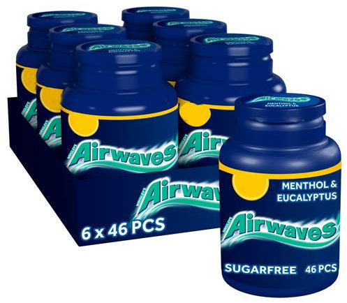 Airwaves Menthol and Eucalyptus Sugar Free Chewing Gum Bottle 46 Pieces - Pack of 6