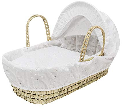 ELEGANT BABY Broderie Anglaise White Dolls Palm Moses Basket with Full Bedding Set