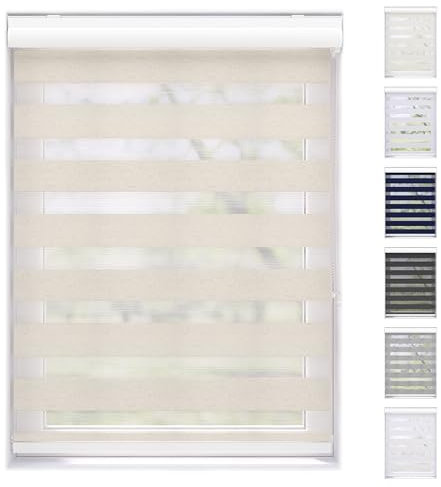 EFIXS Doppelrollo mit Kassette Montage Wand/Decke mit Bohren Breiten: 40-220, Höhe: bis 240 Hier: BxH (70 x 175) cm (Leinen) Premium Duorollo, oder ohne Bohren mit Klemmhalter am PVC-Fenster