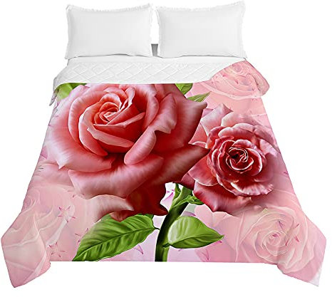 Chickw1 Dessus de Lit Matelassée, 3D Rose Fleur Imprimé Couvre Lit Dessus de Lits Microfiber Jeté de Lit Couverture de Lit Courtepointe pour Lit 1-2 Personnes (Rose,200x230cm)