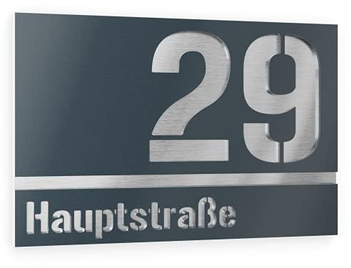 Graviers Design Plaque Numéro de Maison et Nom | Chiffres et lettres personnalisables | 215 x 150 mm Gris Anthracite RAL 7016 | Acier inoxydable | Fabriqué en Allemagne