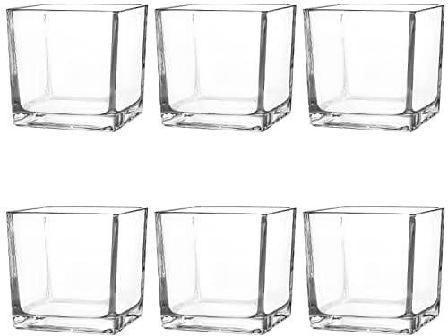 Comrzor Set of 6 Square Glass Vases 4 x 4 x 4, Clear Flower Vase, Plant Terrarium, Candle Holder for Wedding Centerpiece, Office Decorations, Home Décor, Parties and Events